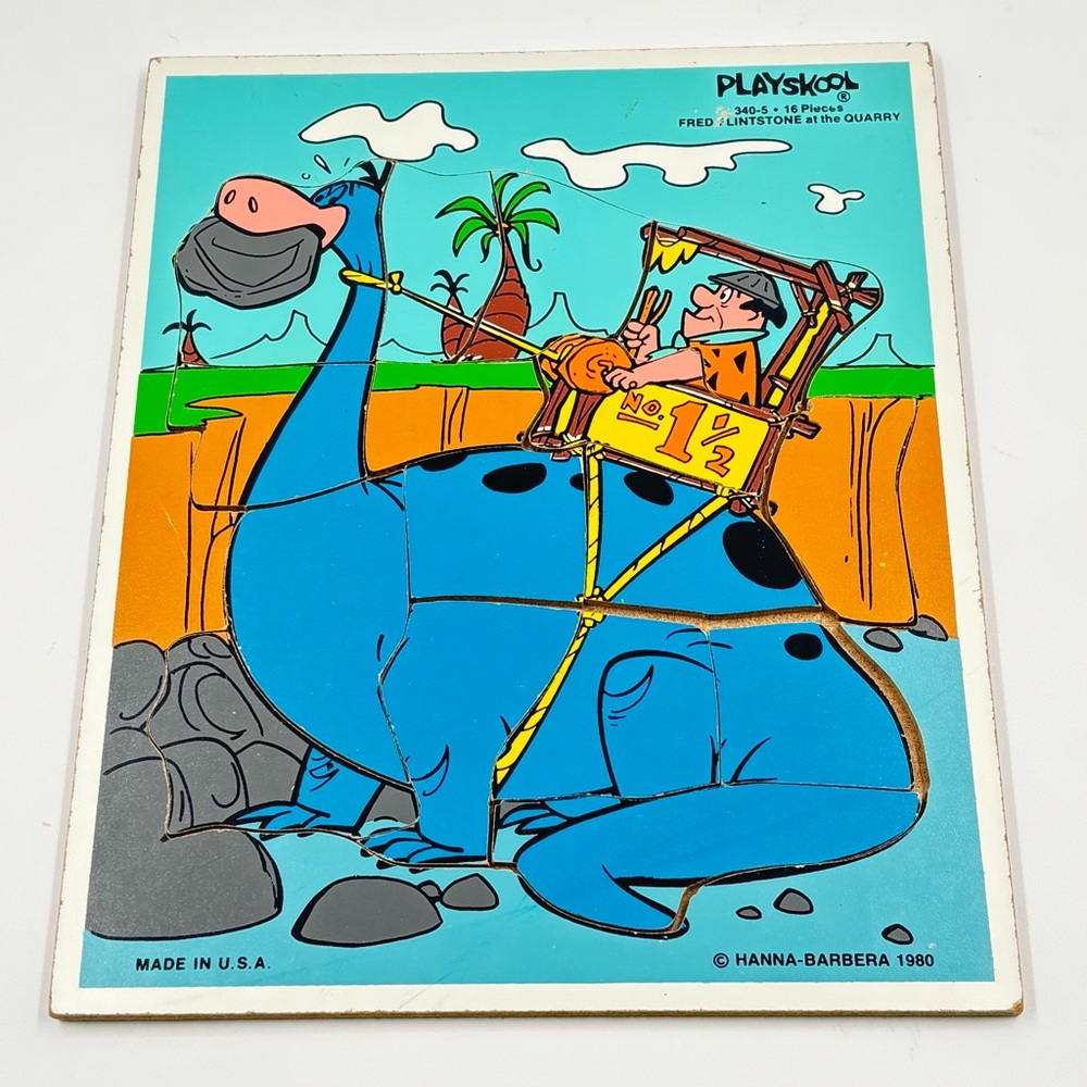 Vintage 1990 Playskool Flintstones Fred & Dino Wooden Puzzle